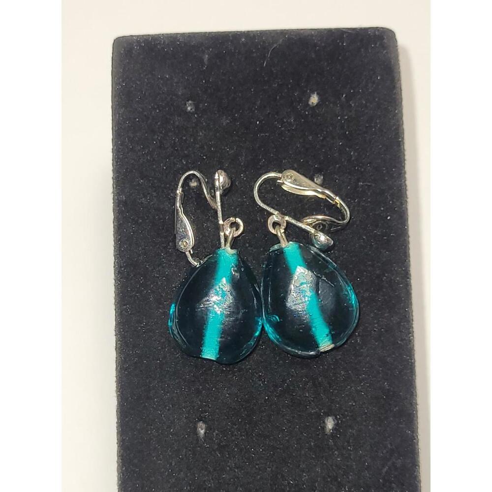 Teal Blue Glass Teardrop Dangle Clip On Earrings Silver Tone Fashion Jewelry
